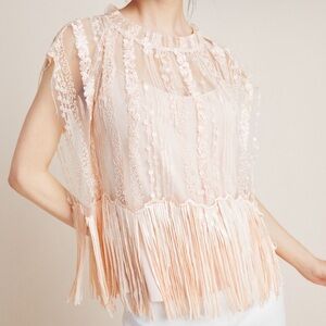 Eva Franco Cici Peach Pink Beaded Fringe Top Lace Overlay Mesh Shirt Blouse XS